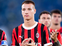 Francesco Camarda of AC Milan looks on during the Serie A Enilive match between SS Lazio and AC Milan at Stadio Olimpico on Aug 31, 2024 in...