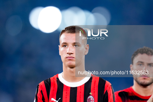 Francesco Camarda of AC Milan looks on during the Serie A Enilive match between SS Lazio and AC Milan at Stadio Olimpico on Aug 31, 2024 in...