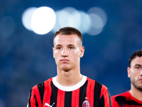 Francesco Camarda of AC Milan looks on during the Serie A Enilive match between SS Lazio and AC Milan at Stadio Olimpico on Aug 31, 2024 in...