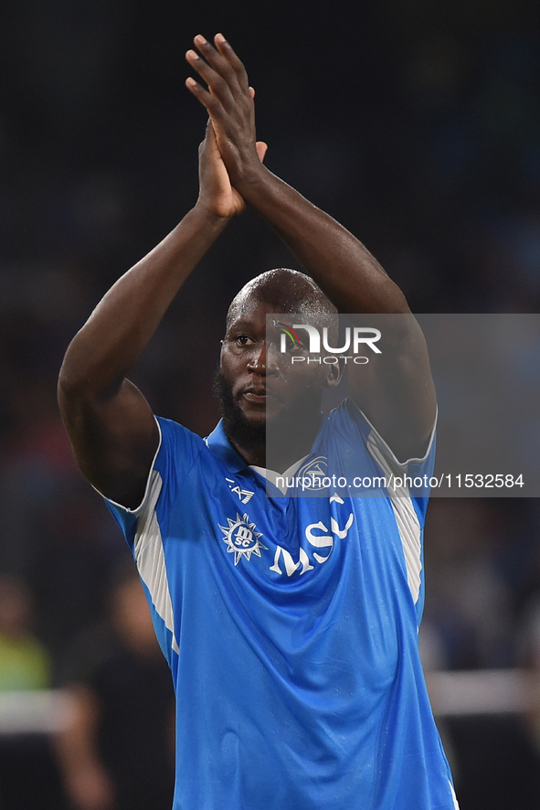 Romelu Lukaku of SSC Napoli applauds fans at the end of the Serie A match between SSC Napoli and Parma Calcio at Stadio Diego Armando Marado...