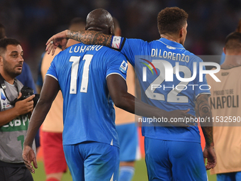 Romelu Lukaku and Giovanni Di Lorenzo of SSC Napoli at the end of the Serie A match between SSC Napoli and Parma Calcio at Stadio Diego Arma...