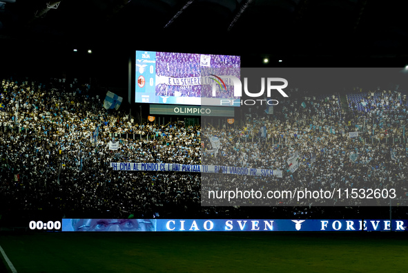 A banner of SS Lazio supporters in memory of Sven Goran Eriksson during the Serie A Enilive match between SS Lazio and AC Milan at Stadio Ol...