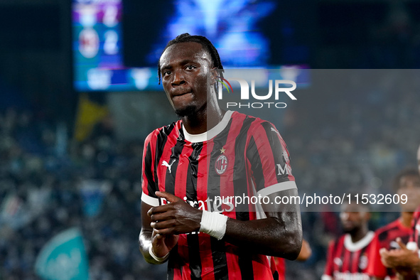 Tammy Abraham of AC Milan greets the fans during the Serie A Enilive match between SS Lazio and AC Milan at Stadio Olimpico on Aug 31, 2024...