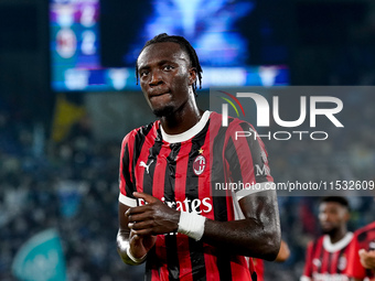 Tammy Abraham of AC Milan greets the fans during the Serie A Enilive match between SS Lazio and AC Milan at Stadio Olimpico on Aug 31, 2024...