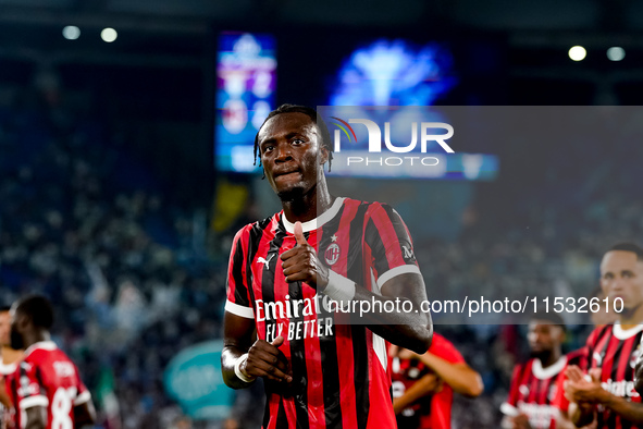 Tammy Abraham of AC Milan greets the fans during the Serie A Enilive match between SS Lazio and AC Milan at Stadio Olimpico on Aug 31, 2024...