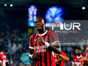 Tammy Abraham of AC Milan greets the fans during the Serie A Enilive match between SS Lazio and AC Milan at Stadio Olimpico on Aug 31, 2024...