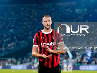 Strahinja Pavlovic of AC Milan greets the fans during the Serie A Enilive match between SS Lazio and AC Milan at Stadio Olimpico on Aug 31,...