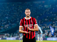 Strahinja Pavlovic of AC Milan greets the fans during the Serie A Enilive match between SS Lazio and AC Milan at Stadio Olimpico on Aug 31,...