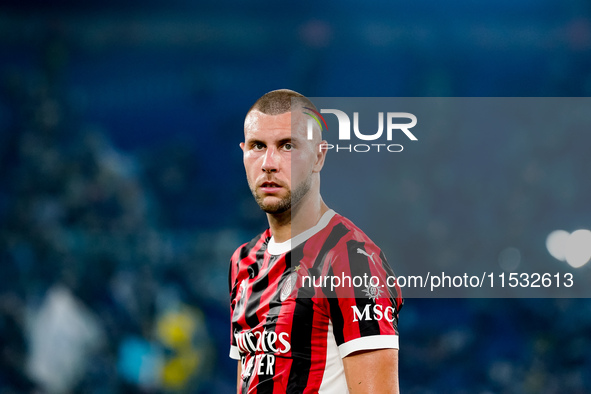 Strahinja Pavlovic of AC Milan during the Serie A Enilive match between SS Lazio and AC Milan at Stadio Olimpico on Aug 31, 2024 in Rome, It...