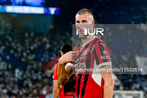 Strahinja Pavlovic of AC Milan gestures during the Serie A Enilive match between SS Lazio and AC Milan at Stadio Olimpico on Aug 31, 2024 in...