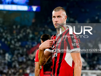 Strahinja Pavlovic of AC Milan gestures during the Serie A Enilive match between SS Lazio and AC Milan at Stadio Olimpico on Aug 31, 2024 in...