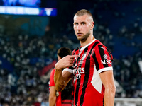 Strahinja Pavlovic of AC Milan gestures during the Serie A Enilive match between SS Lazio and AC Milan at Stadio Olimpico on Aug 31, 2024 in...