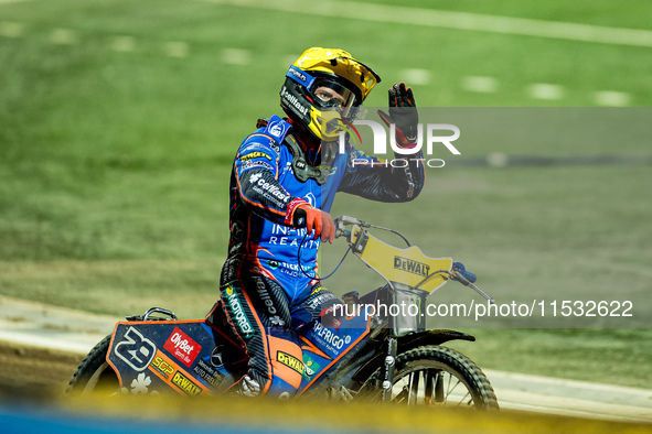 Andzejs Lebedevs participates in a FIM Speedway Grand Prix in Wroclaw, Poland, on August 31, 2024. 