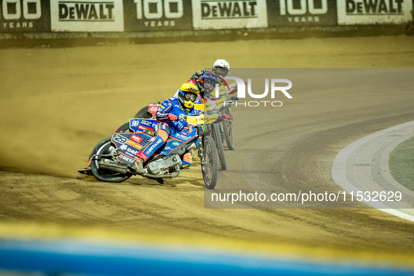 Andzejs Lebedevs and Dan Bewley participate in a FIM Speedway Grand Prix in Wroclaw, Poland, on August 31, 2024. 