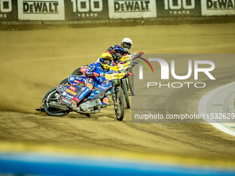 Andzejs Lebedevs and Dan Bewley participate in a FIM Speedway Grand Prix in Wroclaw, Poland, on August 31, 2024. (