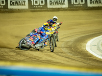 Andzejs Lebedevs and Dan Bewley participate in a FIM Speedway Grand Prix in Wroclaw, Poland, on August 31, 2024. (