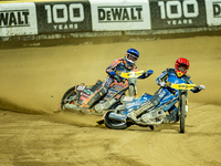 Mikkel Michelsen and Robert Lambert participate in a FIM Speedway Grand Prix in Wroclaw, Poland, on August 31, 2024. (