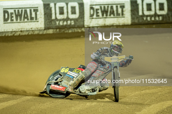 Fredrik Lindgren participates in a FIM Speedway Grand Prix in Wroclaw, Poland, on August 31, 2024. 