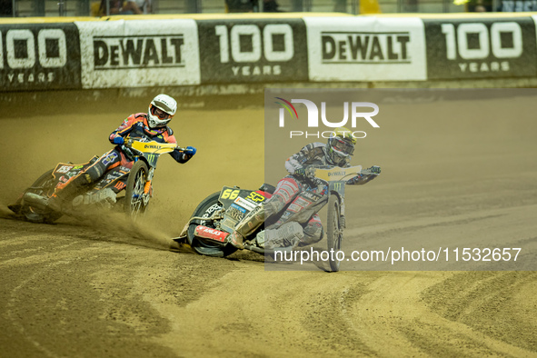 Fredrik Lindgren participates in a FIM Speedway Grand Prix in Wroclaw, Poland, on August 31, 2024. 