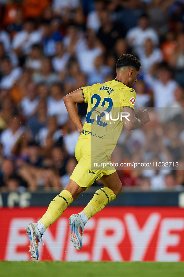 Ayoze of Villarreal CF celebrates after scoring the team's first goal during the LaLiga EA Sports match between Valencia CF and Villarreal C...