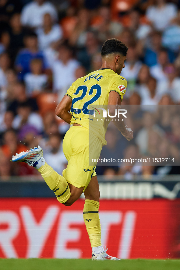 Ayoze of Villarreal CF celebrates after scoring the team's first goal during the LaLiga EA Sports match between Valencia CF and Villarreal C...