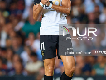 Rafa Mir of Valencia CF reacts during the LaLiga EA Sports match between Valencia CF and Villarreal CF at Mestalla stadium in Valencia, Spai...