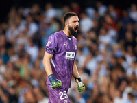 Giorgi Mamardashvili of Valencia CF reacts during the LaLiga EA Sports match between Valencia CF and Villarreal CF at Mestalla stadium in Va...