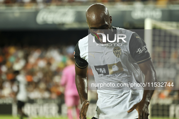 Dimitri Foulquier of Valencia CF during the La Liga match between Valencia CF and Villarreal CF at Mestalla Stadium in Valencia, Spain, on A...