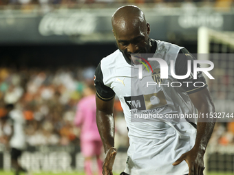 Dimitri Foulquier of Valencia CF during the La Liga match between Valencia CF and Villarreal CF at Mestalla Stadium in Valencia, Spain, on A...