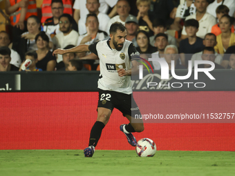 Luis Rioja of Valencia CF during the La Liga match between Valencia CF and Villarreal CF at Mestalla Stadium in Valencia, Spain, on August 3...