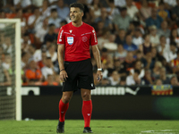 Jesus Gil Manzano referees during the La Liga match between Valencia CF and Villarreal CF at Mestalla Stadium in Valencia, Spain, on August...