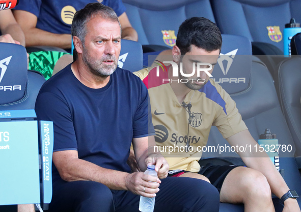 Hansi Flick coaches during the match between FC Barcelona and Real Valladolid CF, corresponding to week 4 of LaLiga EA Sports, at the Lluis...