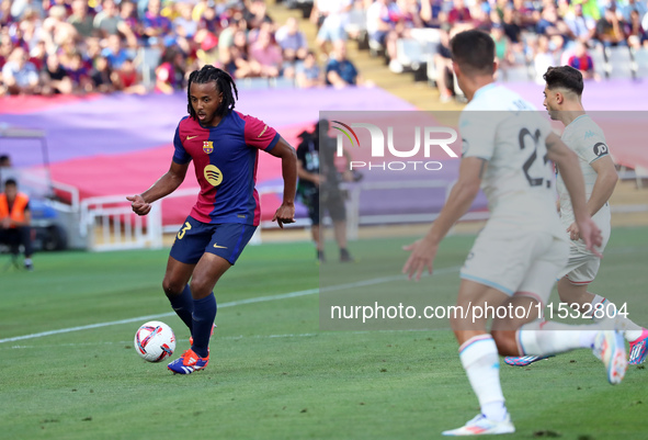 Jules Kounde plays during the match between FC Barcelona and Real Valladolid CF, corresponding to week 4 of LaLiga EA Sports, at the Lluis C...