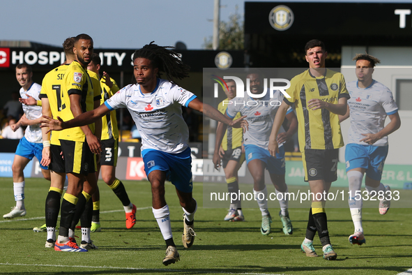 Barrow's Neo Eccleston celebrates his goal during the Sky Bet League 2 match between Harrogate Town and Barrow at Wetherby Road in Harrogate...