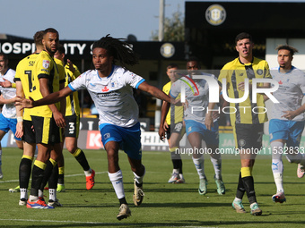 Barrow's Neo Eccleston celebrates his goal during the Sky Bet League 2 match between Harrogate Town and Barrow at Wetherby Road in Harrogate...