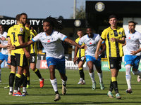 Barrow's Neo Eccleston celebrates his goal during the Sky Bet League 2 match between Harrogate Town and Barrow at Wetherby Road in Harrogate...