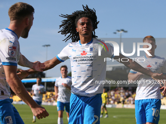 Barrow's Neo Eccleston celebrates his goal during the Sky Bet League 2 match between Harrogate Town and Barrow at Wetherby Road in Harrogate...