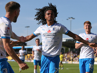 Barrow's Neo Eccleston celebrates his goal during the Sky Bet League 2 match between Harrogate Town and Barrow at Wetherby Road in Harrogate...