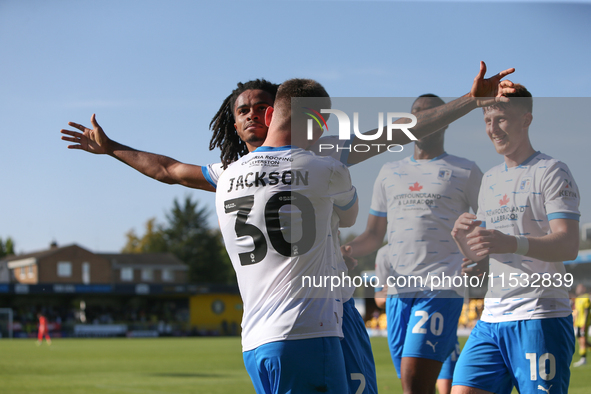 Barrow's Neo Eccleston celebrates his goal during the Sky Bet League 2 match between Harrogate Town and Barrow at Wetherby Road in Harrogate...