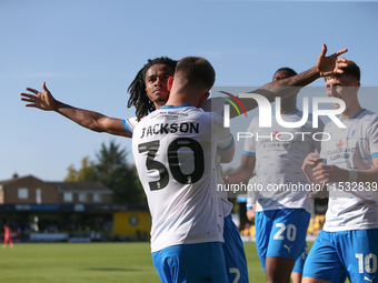 Barrow's Neo Eccleston celebrates his goal during the Sky Bet League 2 match between Harrogate Town and Barrow at Wetherby Road in Harrogate...