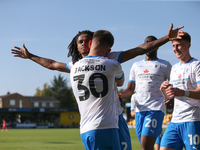 Barrow's Neo Eccleston celebrates his goal during the Sky Bet League 2 match between Harrogate Town and Barrow at Wetherby Road in Harrogate...