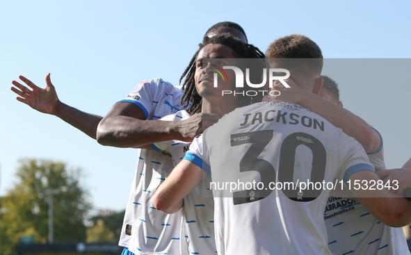 Barrow's Neo Eccleston celebrates his goal during the Sky Bet League 2 match between Harrogate Town and Barrow at Wetherby Road in Harrogate...