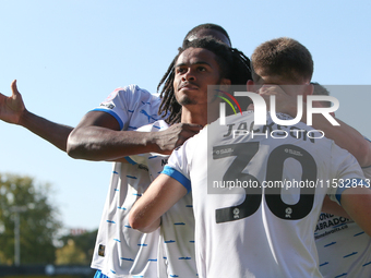 Barrow's Neo Eccleston celebrates his goal during the Sky Bet League 2 match between Harrogate Town and Barrow at Wetherby Road in Harrogate...