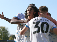 Barrow's Neo Eccleston celebrates his goal during the Sky Bet League 2 match between Harrogate Town and Barrow at Wetherby Road in Harrogate...