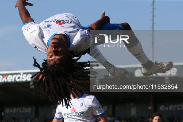 Barrow's Neo Eccleston celebrates his goal during the Sky Bet League 2 match between Harrogate Town and Barrow at Wetherby Road in Harrogate...