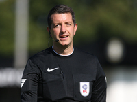 Referee Scott Simpson officiates the Sky Bet League 2 match between Harrogate Town and Barrow at Wetherby Road in Harrogate, England, on Aug...