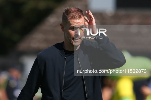 Harrogate Town Manager Simon Weaver during the Sky Bet League 2 match between Harrogate Town and Barrow at Wetherby Road in Harrogate, Engla...