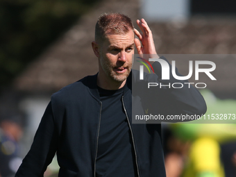 Harrogate Town Manager Simon Weaver during the Sky Bet League 2 match between Harrogate Town and Barrow at Wetherby Road in Harrogate, Engla...