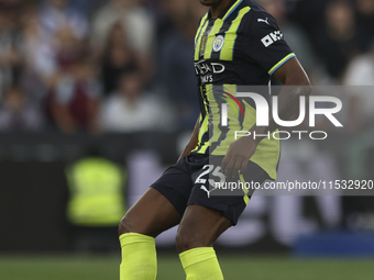 Manuel Akanji of Manchester City is on the ball during the Premier League match between West Ham United and Manchester City at the London St...