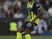 Manuel Akanji of Manchester City is on the ball during the Premier League match between West Ham United and Manchester City at the London St...